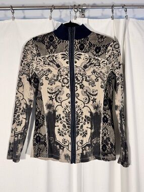 Skinny Minnie Y2K Baroque Floral Lace Zip Front Sweater